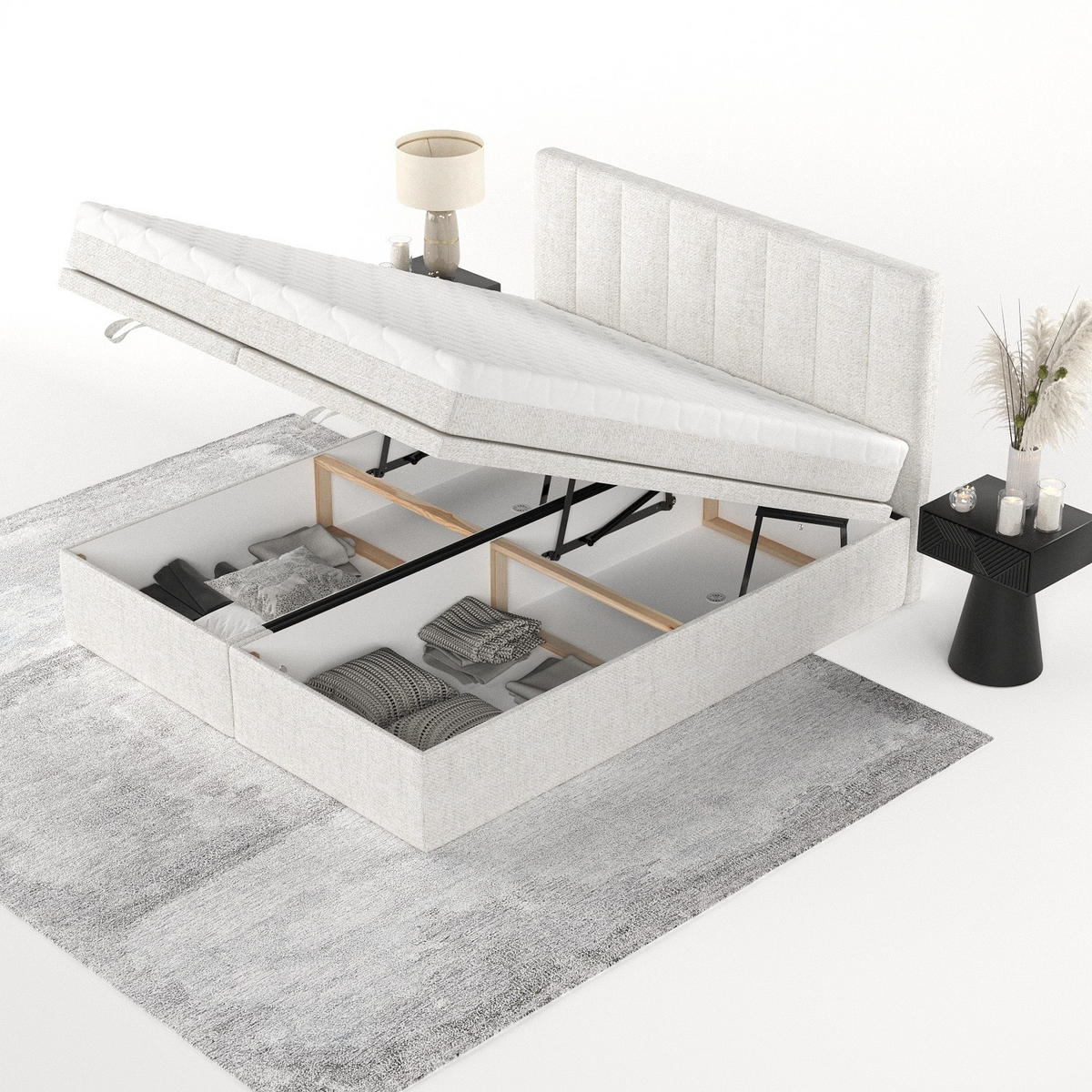 BOXBETT Lume 200/200 cm Creme im Neve Stoff - Creme/Schwarz, Holz/Holzwerkstoff (200/200cm) - AltaBeds