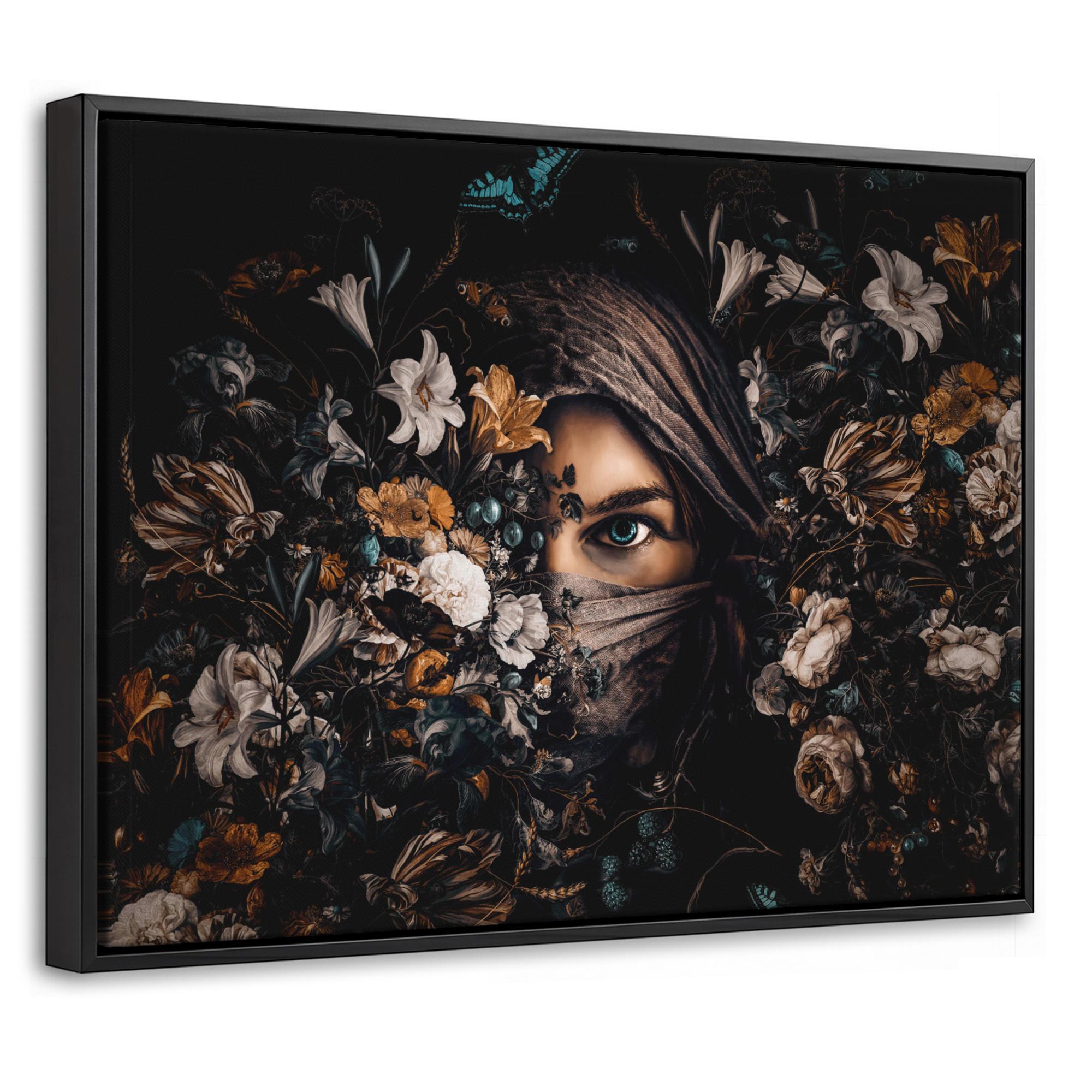 LEINWAND Bilder mit Rahmen - Frau - Luxus - Blumen - Schmetterling - Porträt - 40x30 - Schwarz, Textil (40/30cm) - MuchoWow