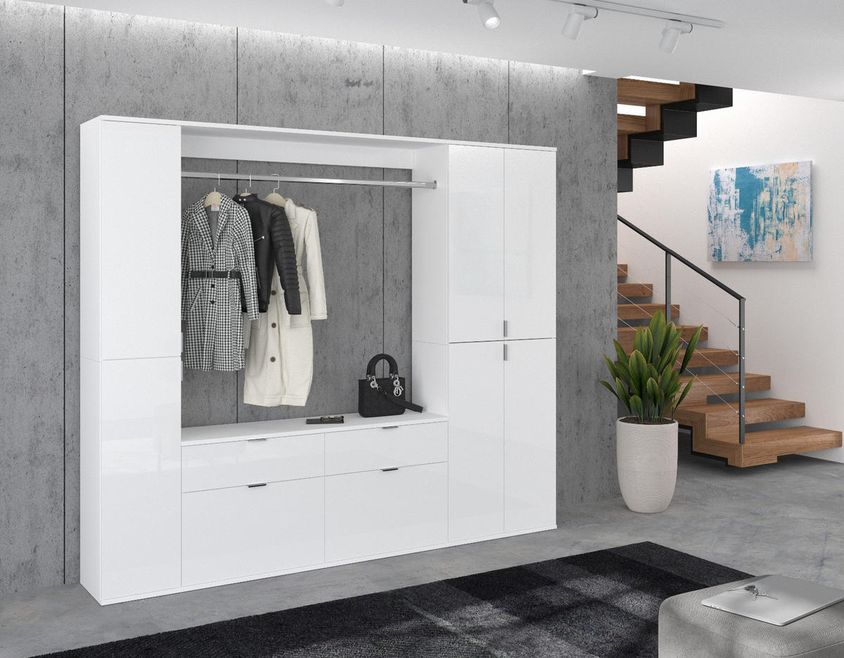 GARDEROBENSCHRANK weiß Hochglanz 212 cm, 21 Fächer, Schuhschrank - Chromfarben/Weiß Hochglanz, Holzwerkstoff/Metall (212/193/34cm) - Inn.Furn