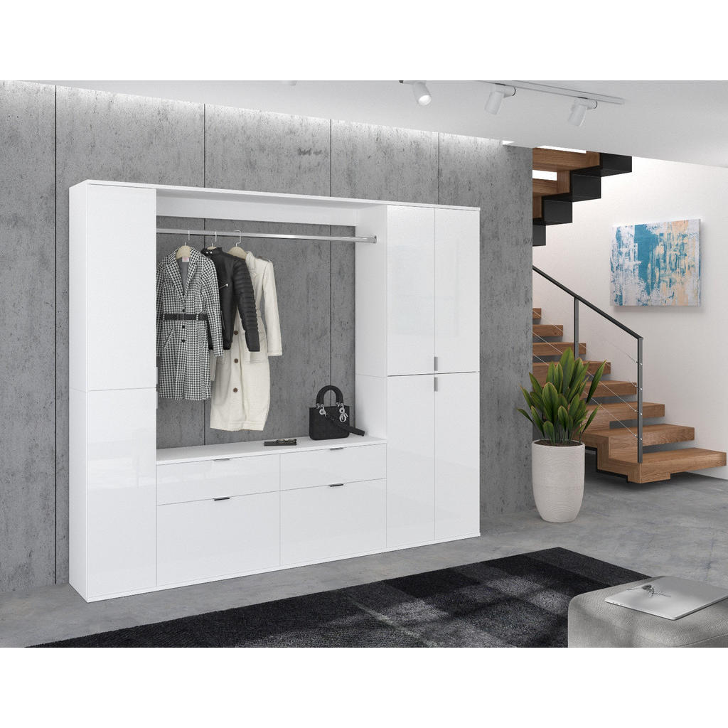 Thumbnail - Inn.Furn Garderobenschrank, Weiß Hochglanz, Metall, Uni, 15 Fächer, 2 Schubladen, Rechteckig, 212x193x34 cm, FSC Mix, Ga...