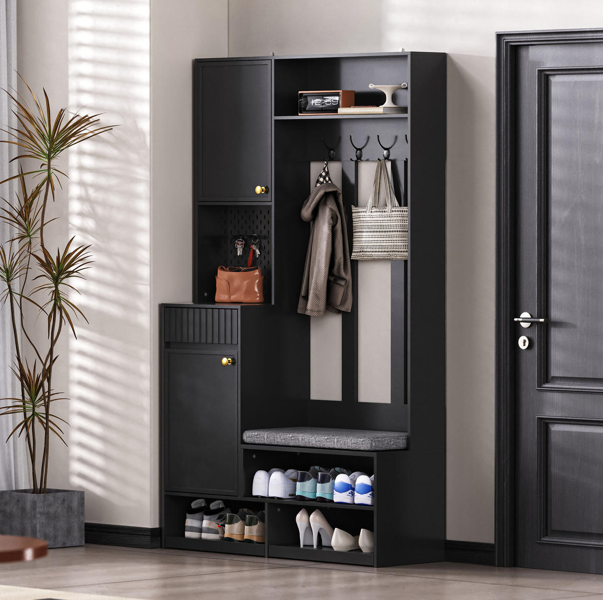 GARDEROBENSET mit Sitzbank 100 x 35 x 180 cm MDF Black 6-in-1 - Schwarz, Holzwerkstoff (35/180/100cm) - Beauniv