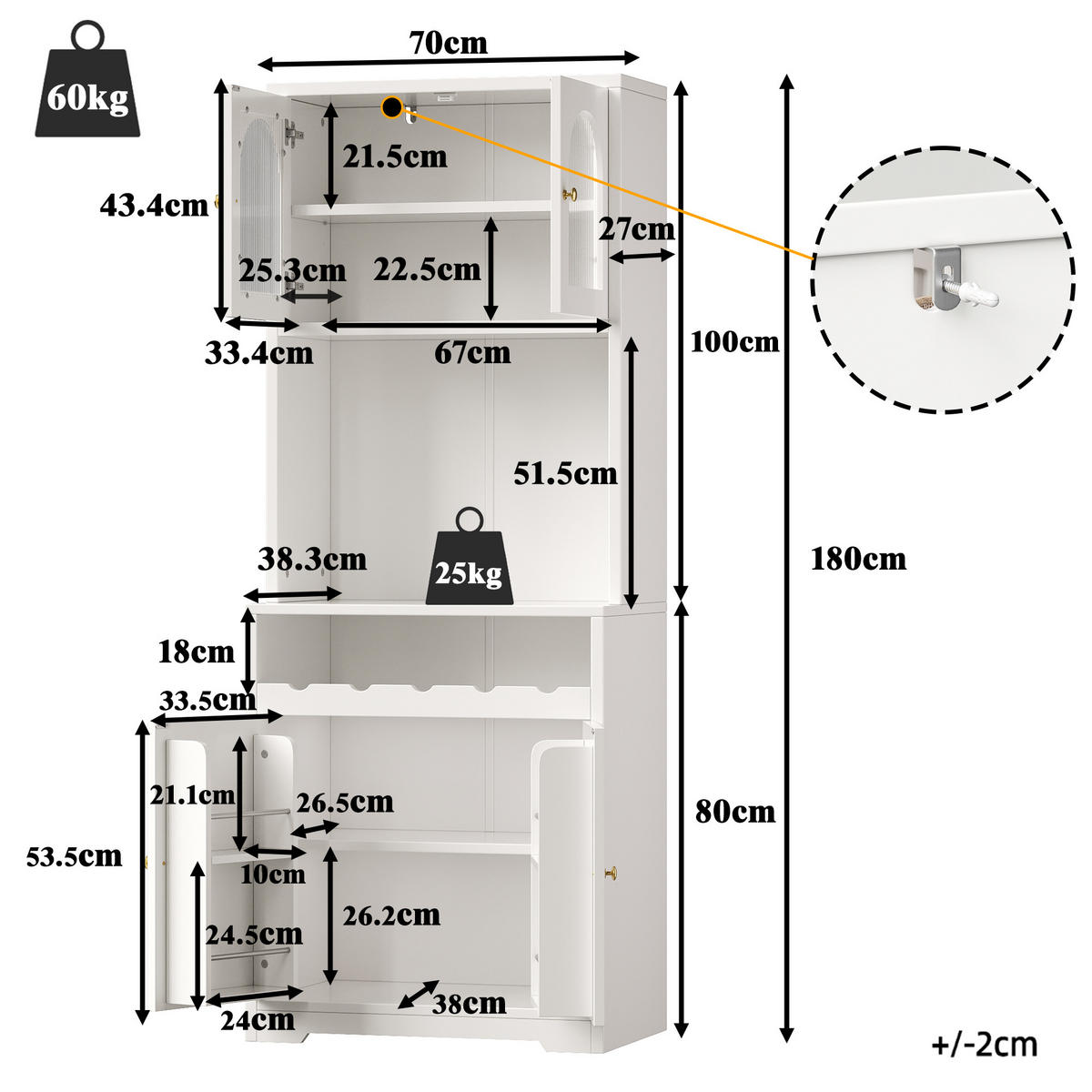 HOCHBUFFETSCHRANK 180cm RGB LED App Glastüren Weinregal Weiß - Weiß, Metall (70/180/38.3cm) - FLIEKS