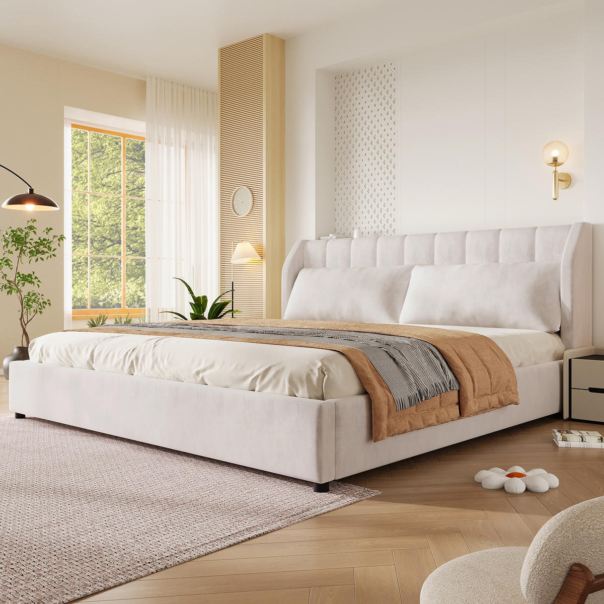 POLSTERBETT 180/200 cm in Beige mit gepolstertem Kopfteil, Lattenrost und Kissen aus Samt - Beige, Holzwerkstoff/Textil (180/200cm) - STILVORA