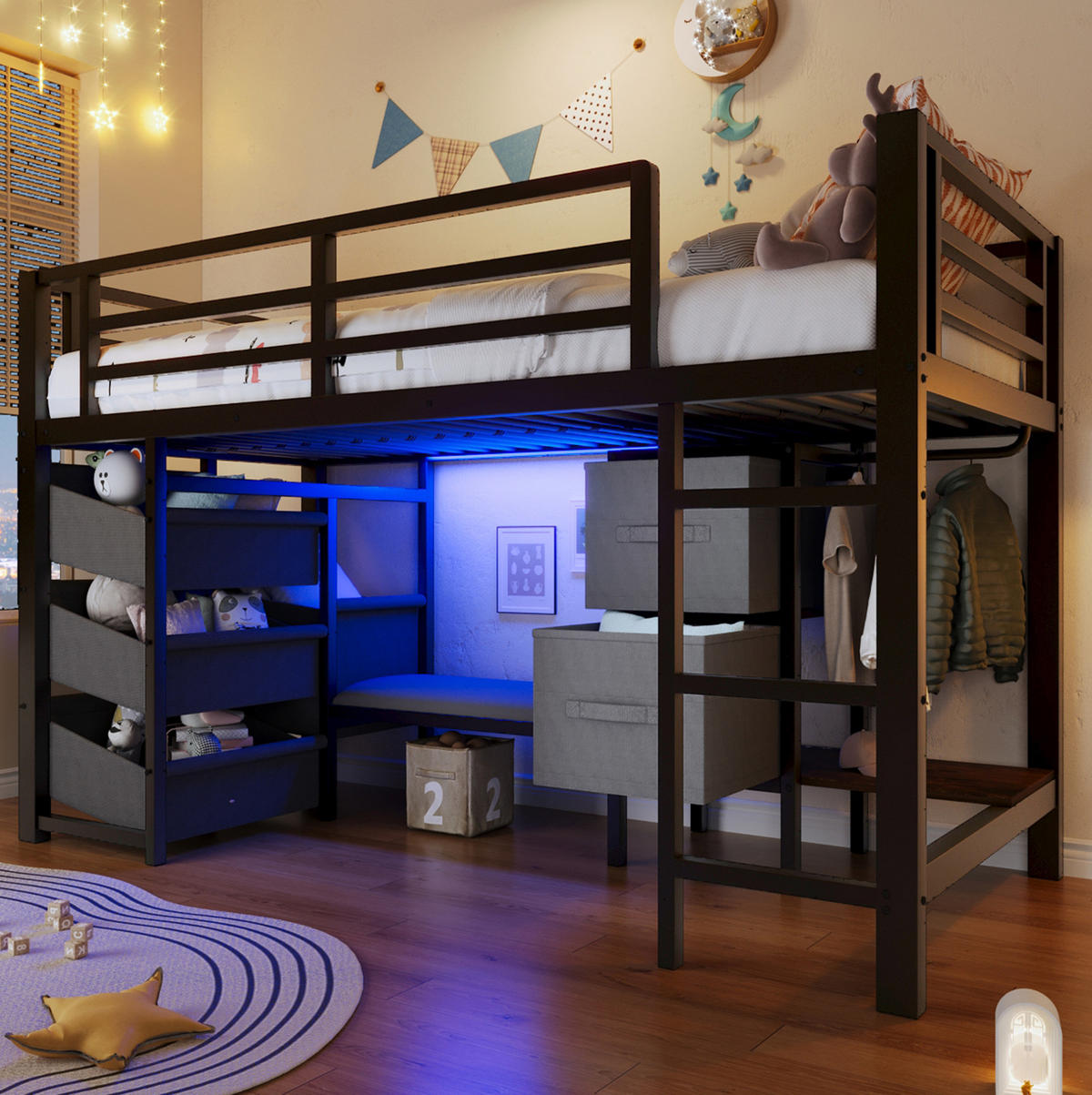 HALBHOHES Bett aus Metall 90x200 cm Schwarz mit LED-Beleuchtung, Sitzkissen und Stauraum - Schwarz, Metall (90/200cm) - IVMEU