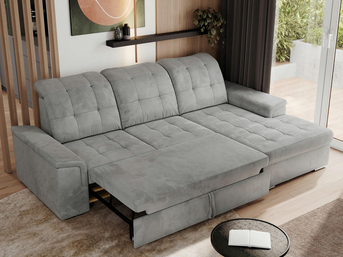 ECKSOFA MADRITO L - Hellgrau Velorus - Rechts - Silberfarben/Hellgrau, Textil/Metall (256/160cm)