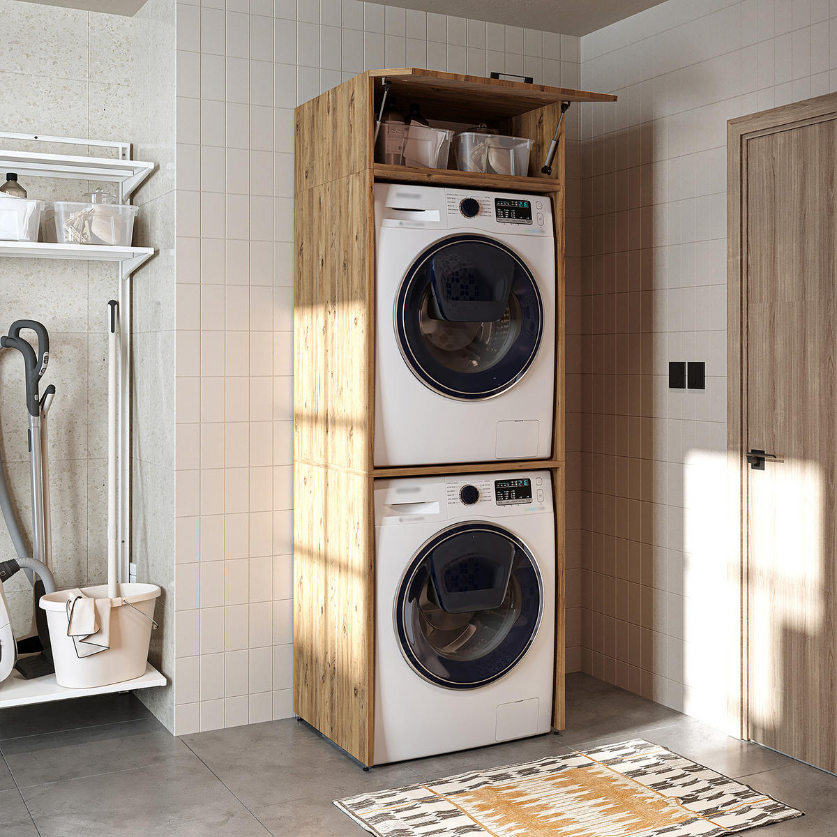 WASCHMASCHINENSCHRANK DUO-II 67cm Breit, 205cm Hoch - Eichefarben, Holzwerkstoff (67/205/67cm)