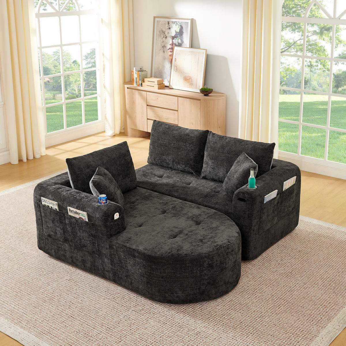 ECKSOFA L-Form montagefrei mit Edelstahl-Becherhalter, Seitentaschen und Leinenbezug, Schwarz - Schwarz, Textil (255/170cm) - Redom