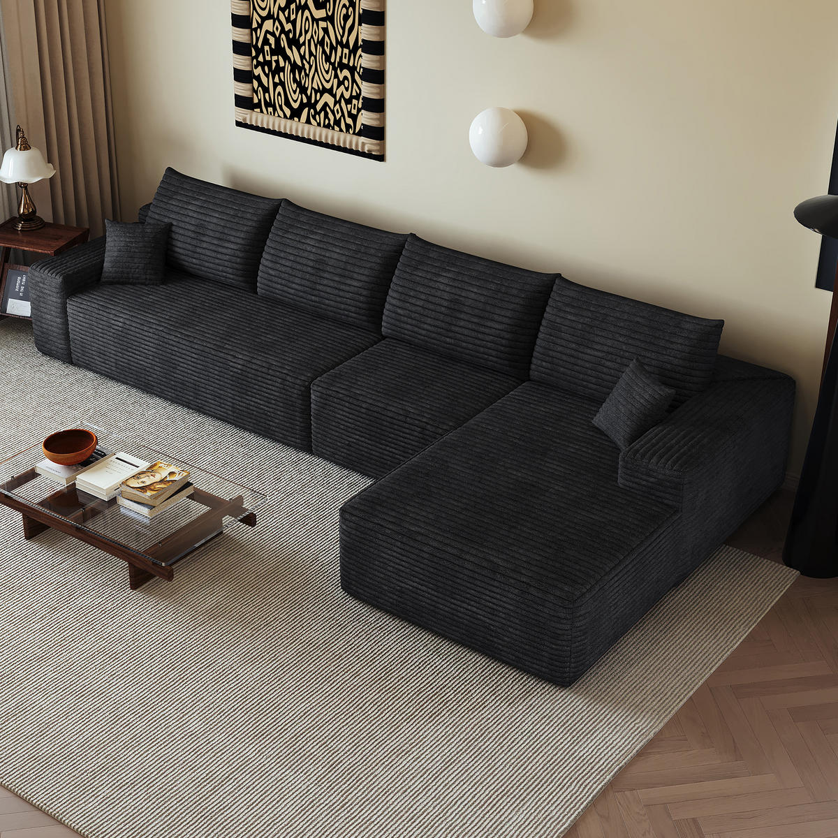 ECKSOFA 340/175/83 cm Schwarz mit L-förmiger Chaiselongue, Rechte Seite - Schwarz, Textil (340/175cm) - Oxeza