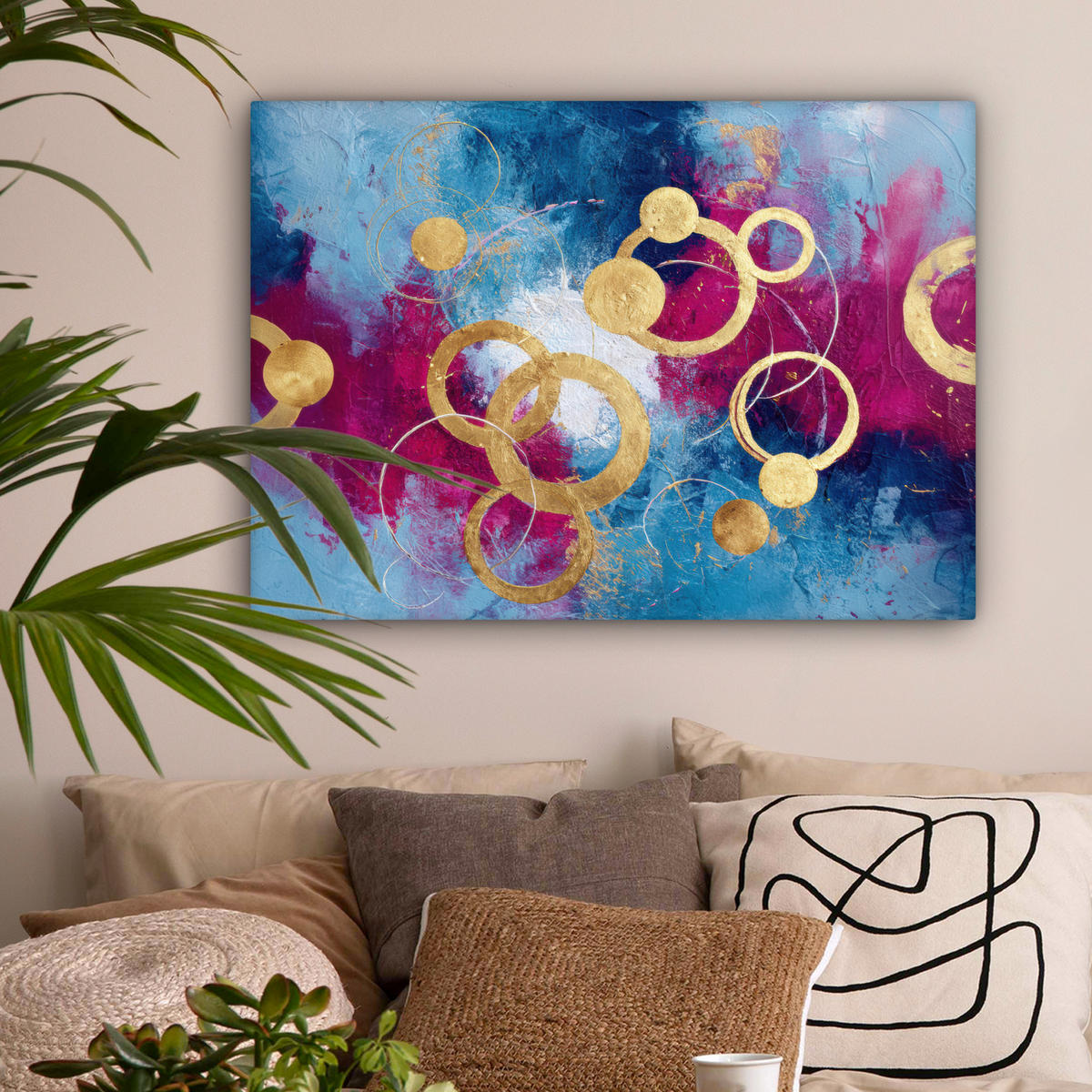 LEINWANDBILD Kreise - Gold - Abstrakt Wandbilder 80x60 cm - Blau, Textil (80/60cm) - MuchoWow