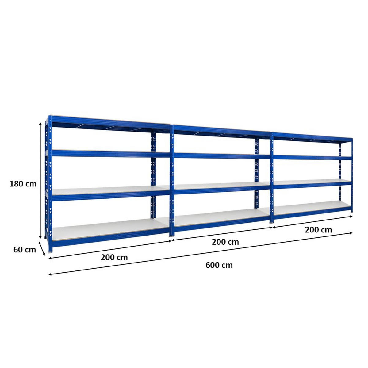 SCHWERLASTREGAL Rhino 3er-Set mit 3x 180x200x60 cm 4 Melamin-Ebenen 16mm Fachlast 500 kg Blau - Blau, Metall (600/180/60cm) - PROREGAL