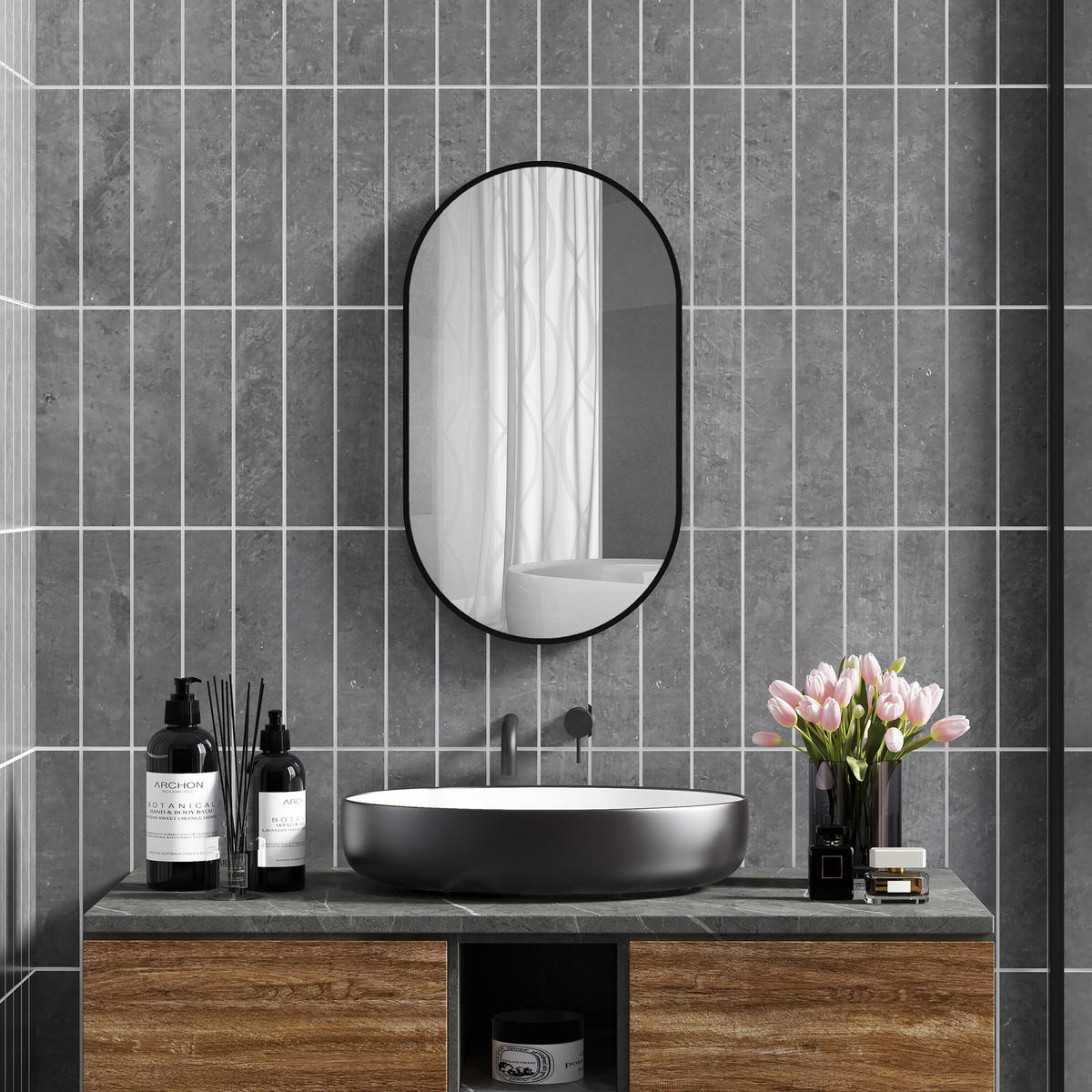 BADEZIMMERSPIEGEL Ovaler Wandspiegel, mit 3 Haken, 40 x 70 cm ,schwarz - Schwarz, Glas (3/70/40cm) - Vallsero