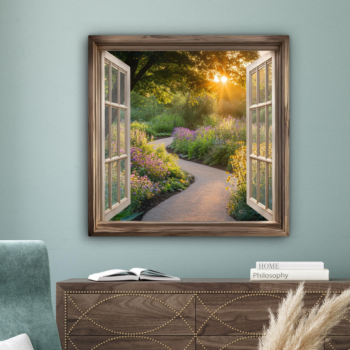 LEINWANDBILD Aussicht - Blumen - Natur - Sonne - Weg 90x90 cm - Hellgelb, Textil (90/90cm) - MuchoWow