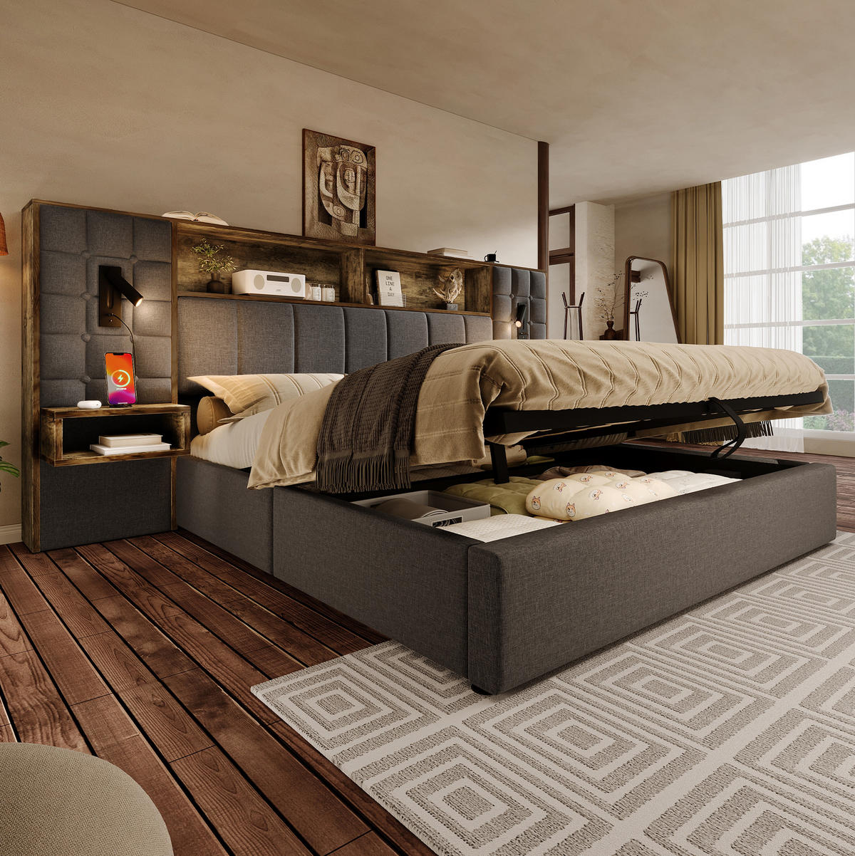 BETT mit Stauraum 160x200 cm Leinen Grau mit 2 Nachttischen - Grau, Metall (160/200cm) - Meubliv