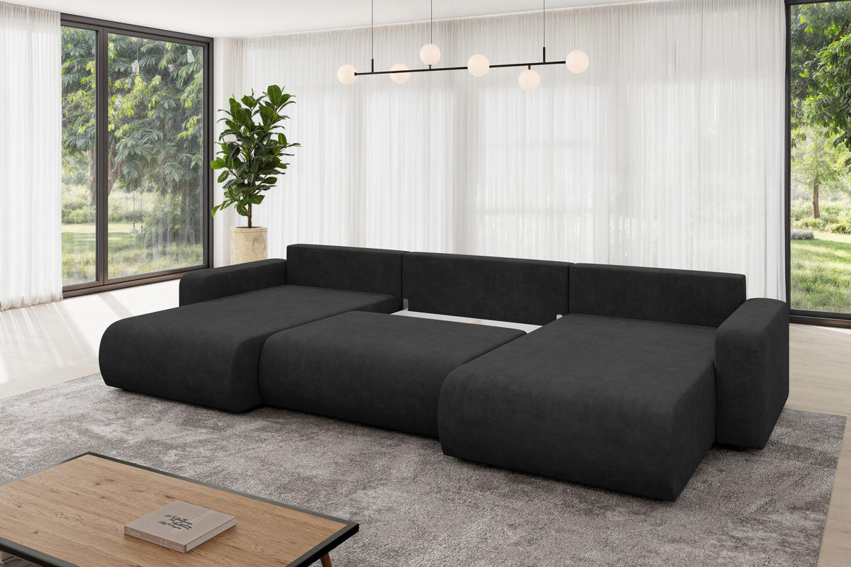 SEDACÍ SOUPRAVA DO U s funkcí spaní a úložným prostorem BERY-U 377x193x88 černá velur - černá, kompozitní dřevo/textil (377/88/193cm) - ALTDECOR