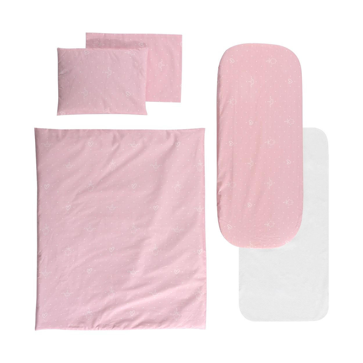 KINDERWAGEN Bettwäsche-Set 2080117 pink 5-teilig, Decke 78 x 62 cm, Kissen 35 x 25 cm, 100% Baumwolle - Weiß, Textil (62/1/78cm) - Lorelli