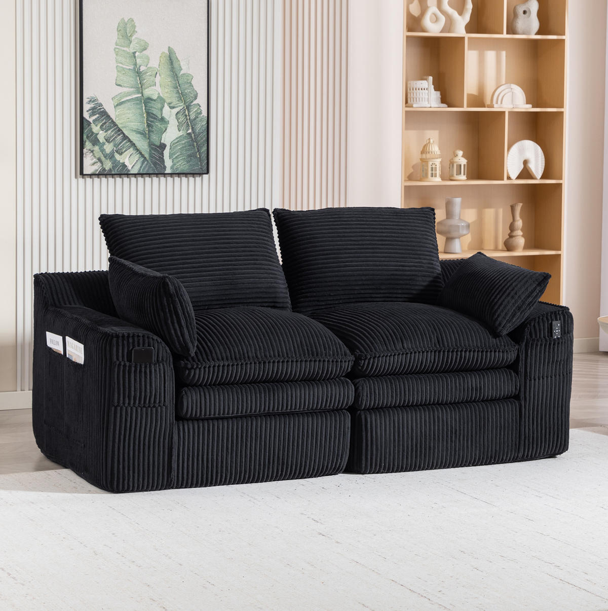 2-SITZER-SOFA 191/94/85 cm schwarz aus Cord mit Seitentaschen und Federkern - Schwarz, Textil (94/85/191cm) - Modenvie