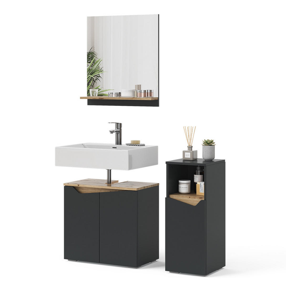 BADMÖBEL-KOMBINATION Marelle Anthrazit 3 Teile, mit Midischrank - Anthrazit, Holzwerkstoff (60/57/35cm) - Vicco