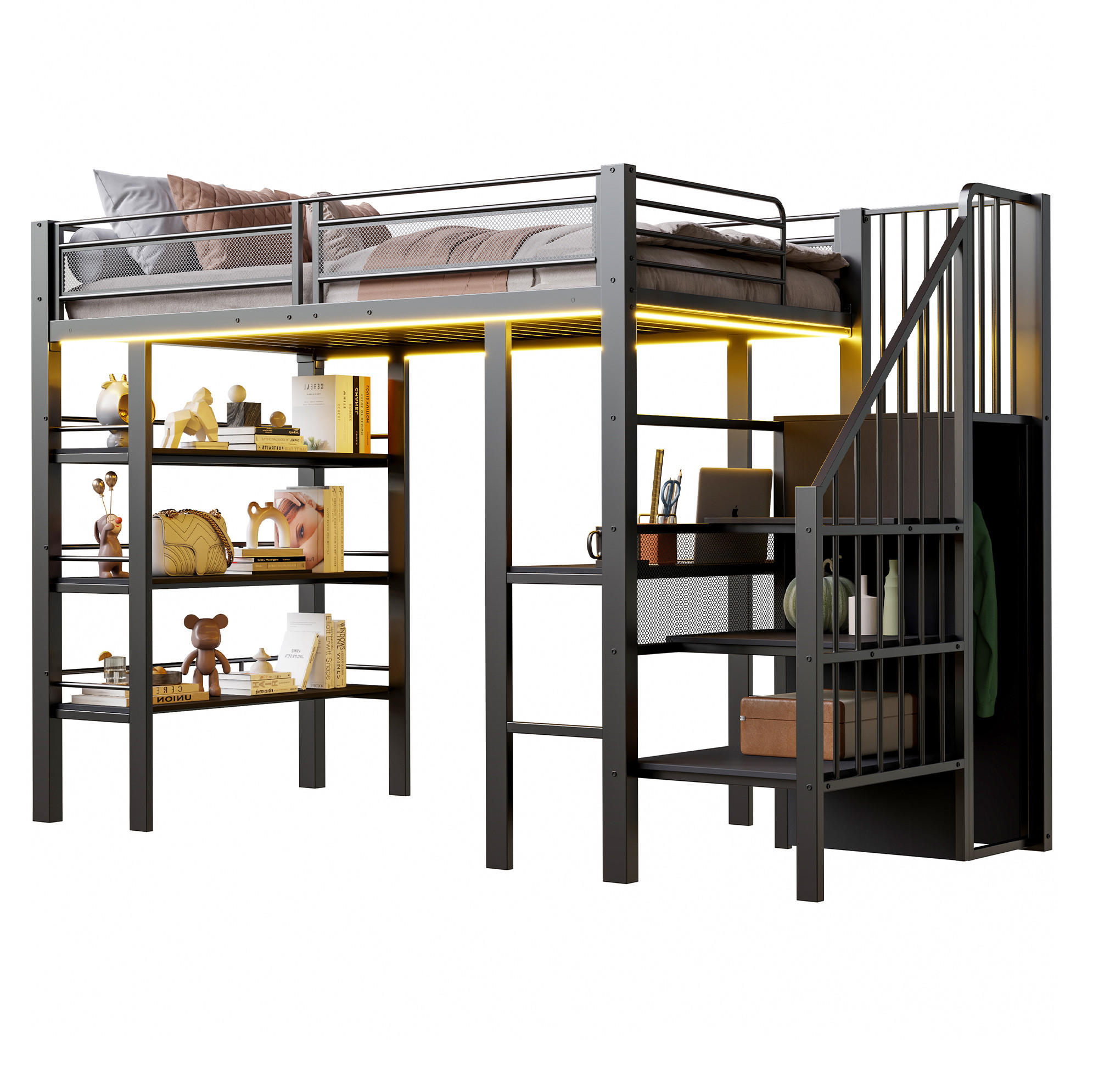 HOCHBETT 90/200 cm schwarz aus Metall mit Schreibtisch und LED - Schwarz, Holzwerkstoff (90/200cm) - OKWISH