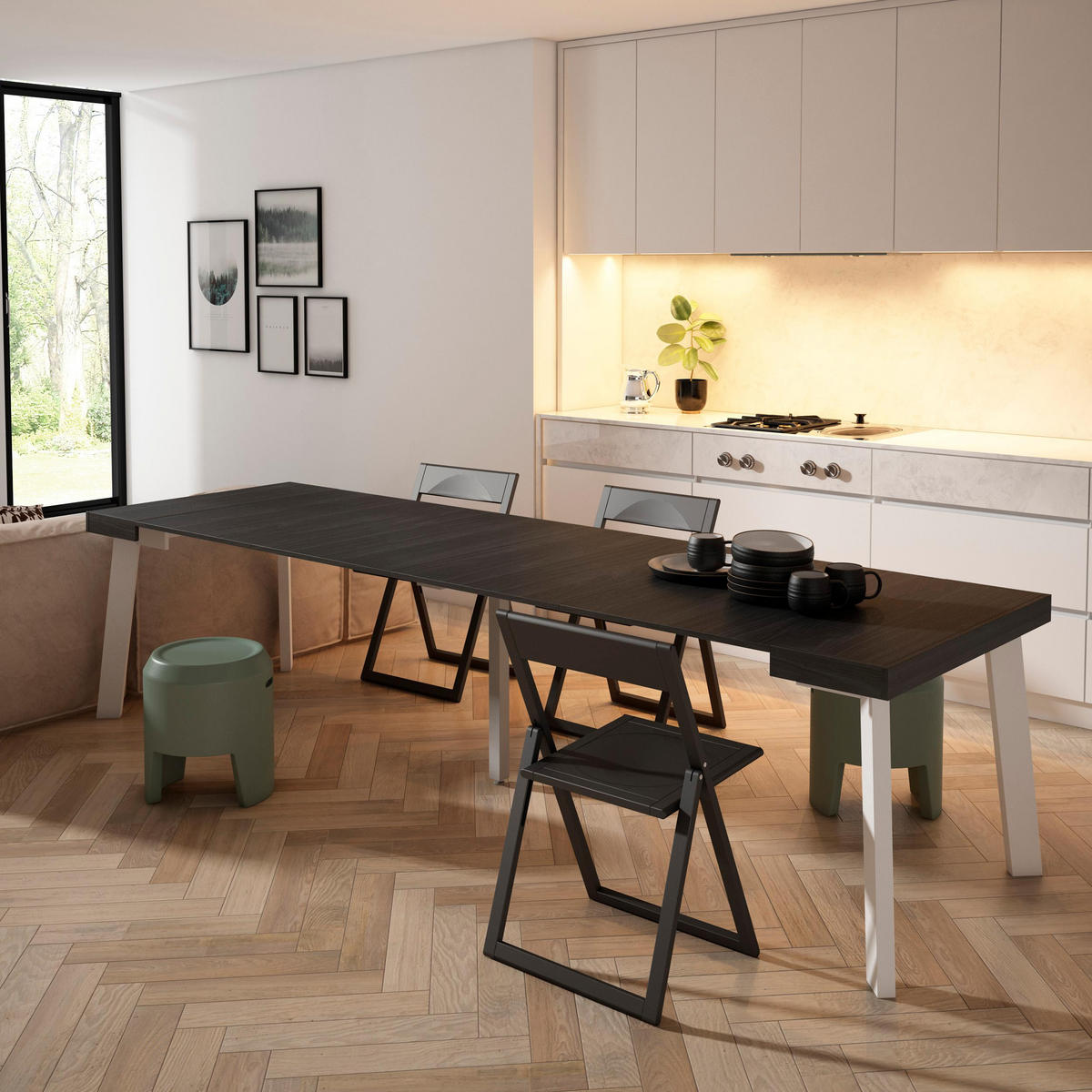 KONSOLENTISCH ausziehbar 58 bis 302cm, für 14 Gäste, schwarz, 90/58/73cm - Schwarz, Holzwerkstoff (90/302/73cm) - Skraut Home