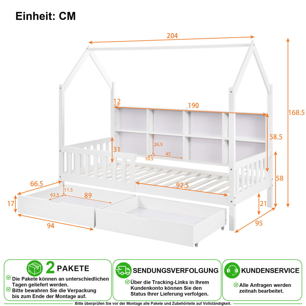 HAUSBETT 90/200 cm in Weiß mit 2 Schubladen, Regal und Rausfallschutz Kiefer - Weiß, Holz (90/200cm) - CHICFURN