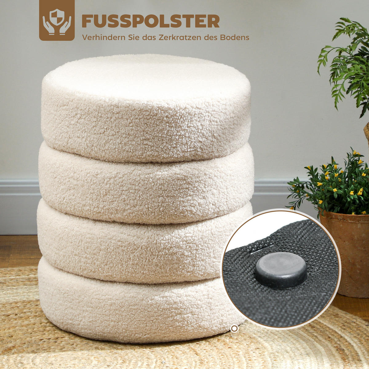 SITZHOCKER, Fußhocker, Runder Polsterhocker, Fußstütze mit Sitzkissen - Beige/Naturfarben, Holz/Textil (40/45/40cm) - HOMCOM