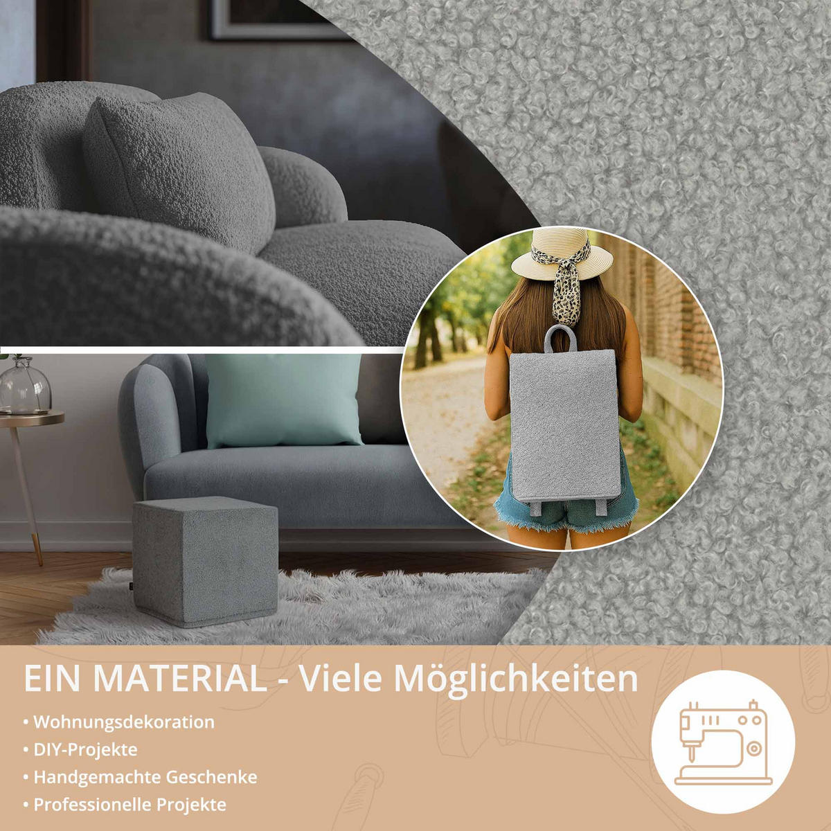 BOUCLESTOFF Quelle Hellgrau– 315 g/m², 140 cm breit, weich & robust, feuer- & UV-resistent - Hellgrau, Textil (140/100cm) - Dreamroots