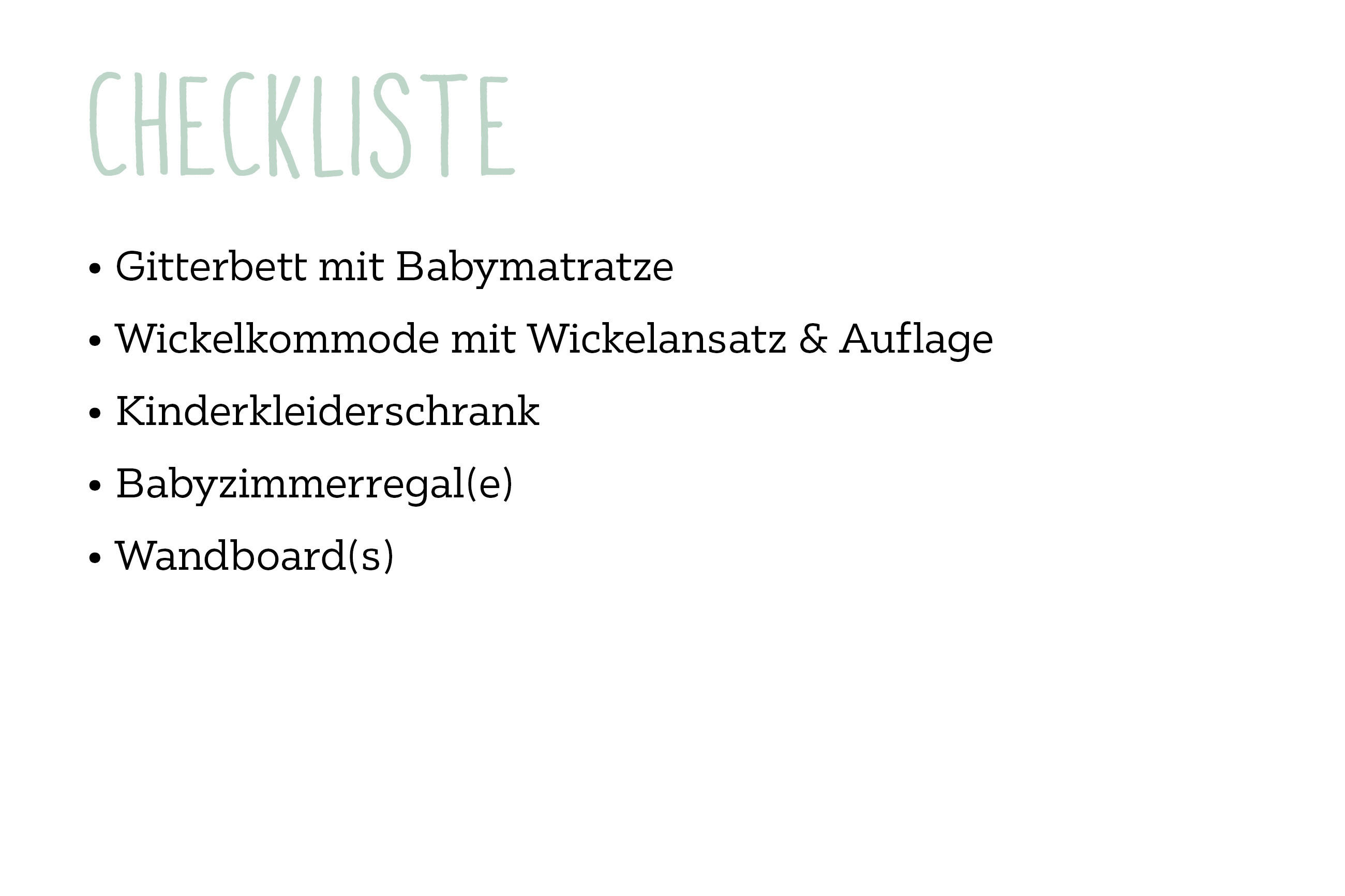 Checkliste für die Babyzimmerausstattung mit Gitterbett, Wickelkommode, Kleiderschrank, Regal und Wandboard