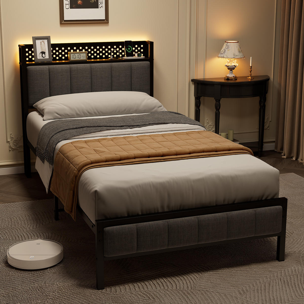 METALLBETT 90/200 cm in Schwarz mit Stauraum und USB-Anschlüssen - Schwarz, Metall (90/200cm) - OKMYHOME