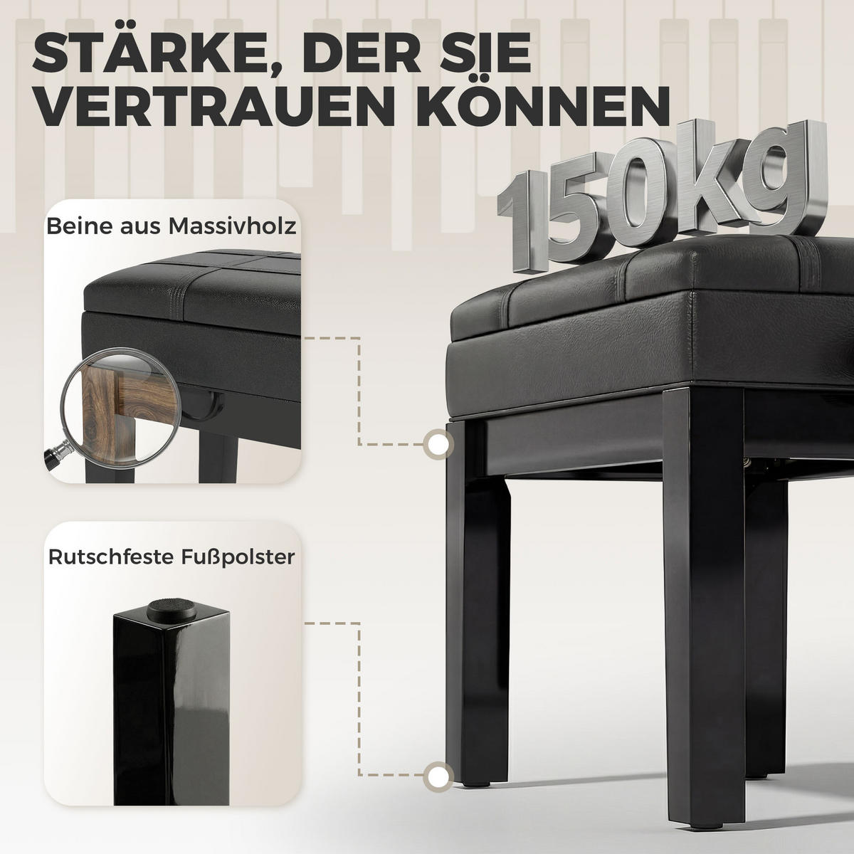 KLAVIERBANK DE-07238 mit verstecktem Stauraum und höhenverstellbar Schwarz - Schwarz, Holz (35/56/63cm) - ComfortXL
