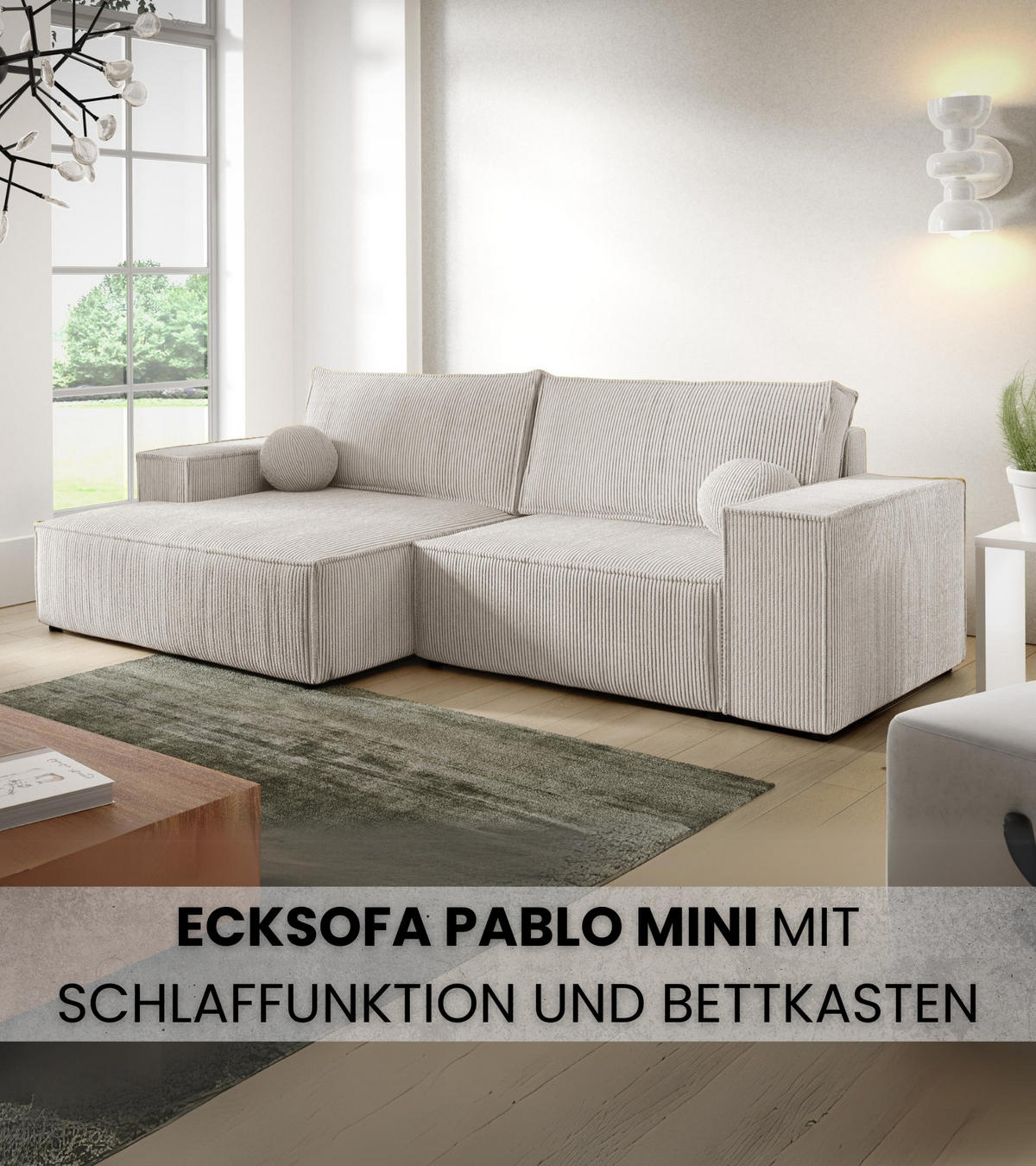 ECKSOFA Pablo Mini mit Schlaffunktion Weiß Cord - Weiß, Textil (255/148cm) - Bromarkt