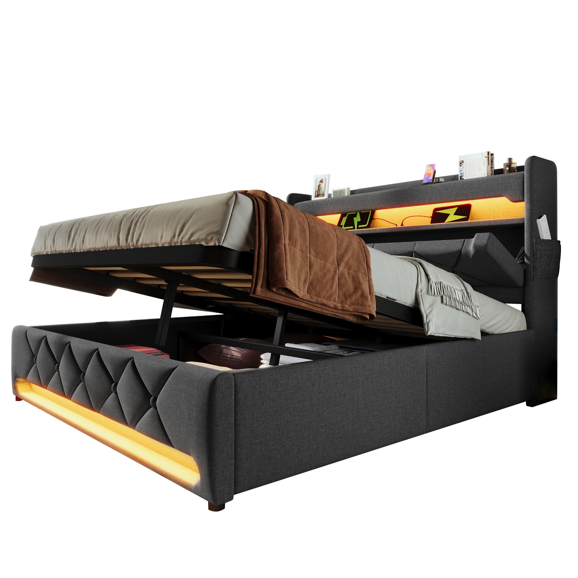 POLSTERBETT 160/200 cm mit hydraulischem Bettkasten, 360° LED & USB/Typ-C, Grau - Grau, Textil (160/200cm) - Redom