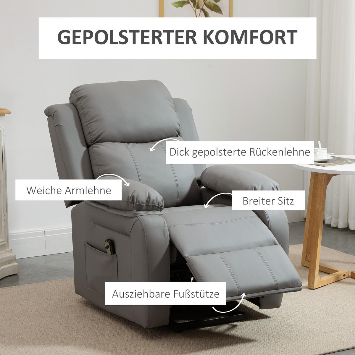 FERNSEHSESSEL mit Aufstehhilfe, Liegefunktion, Fernbedienung für Wohnzimmer Grau - Schwarz/Grau, Textil/Metall (76/105/90cm) - HOMCOM