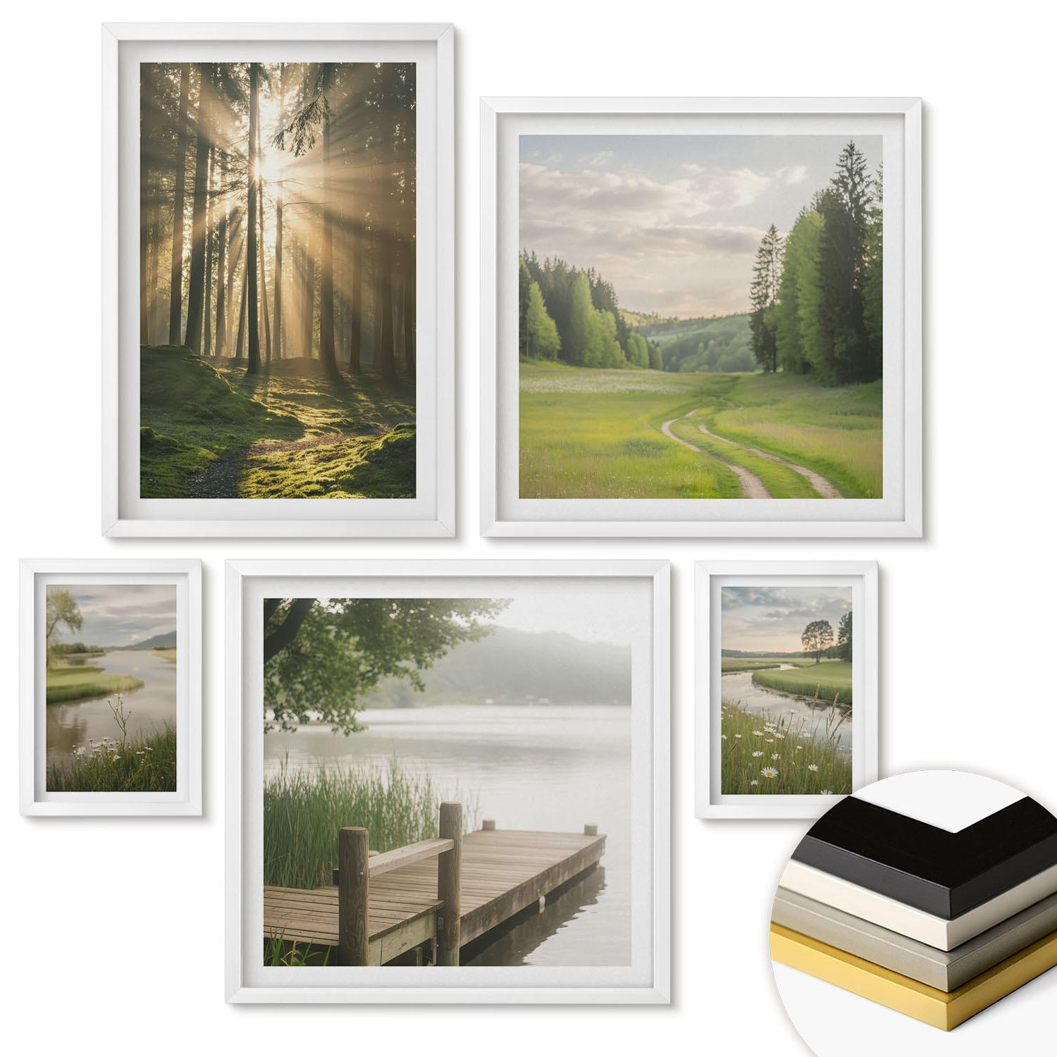 WANDBILDER 5er-Set - 50x50 cm & 20x30 cm & 40x60 cm Weißer Rahmen - Frühlingslandschaft Flusswiese - Weiß, Kunststoff (40/60cm) - ArtPrintCave