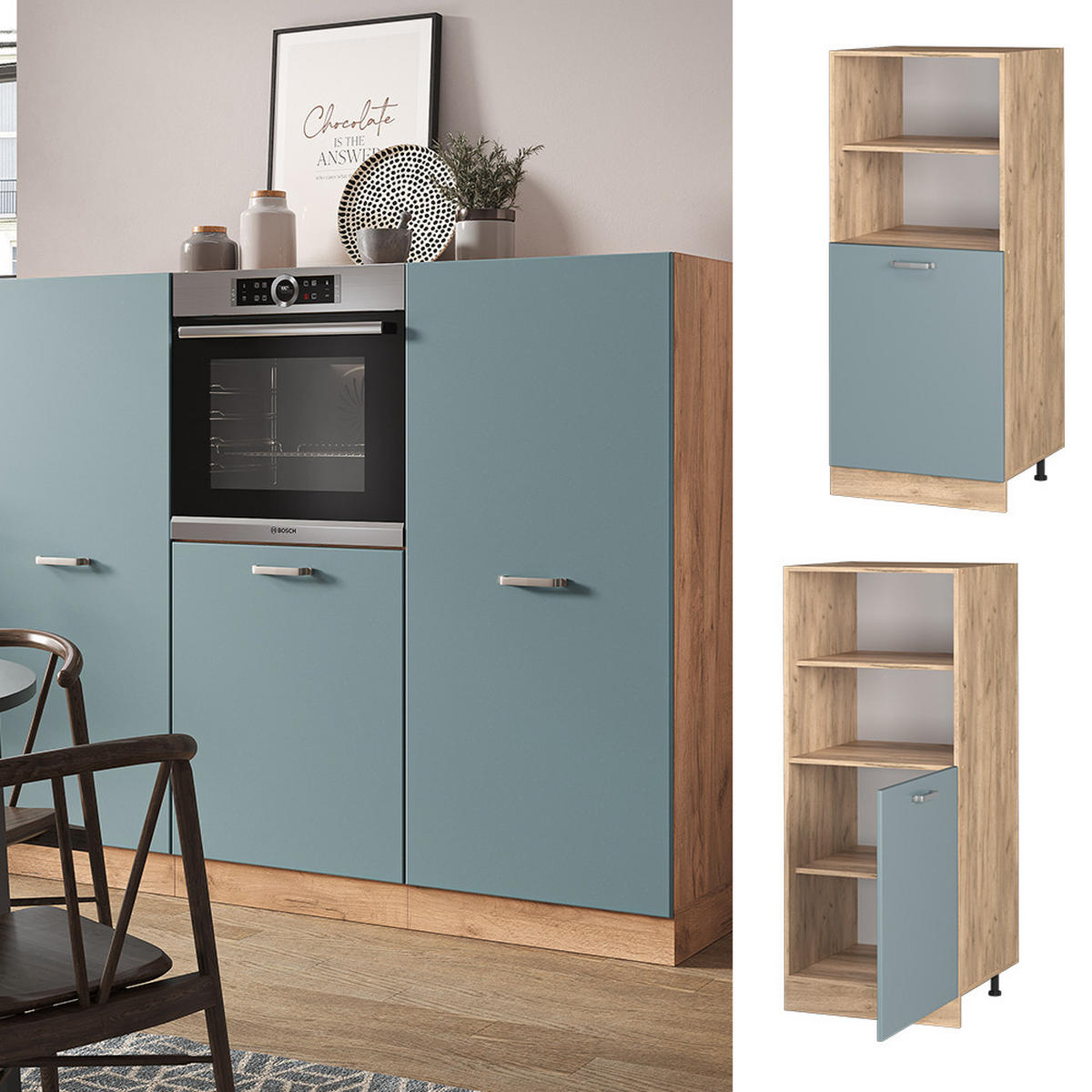 HERDUMBAUSCHRANK R-Line Blau-Grau 60 cm - Honigeiche/Eiche Wotan, Holzwerkstoff (60/143/57cm) - Vicco