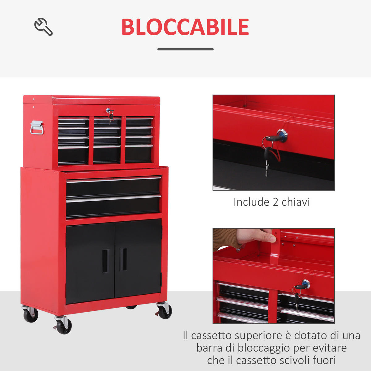 WERKZEUGWAGEN, 2-in-1-Wagen mit Schublade und Schrank, 61,6 x 33 x 108 cm, Rot - Multicolor, Kunststoff (33/108/61.6cm) - FORIOUS