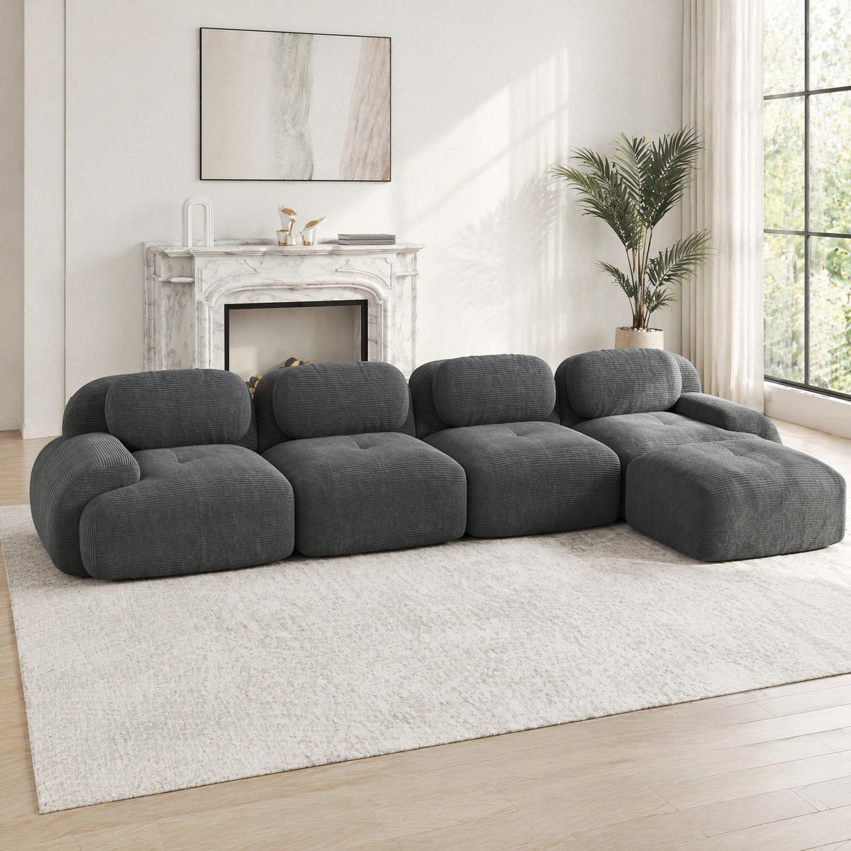 ECKSOFA 388/178/70 cm in Grau aus Cord mit Chaiselongue - Grau, Textil (178/388cm) - Flora Grace