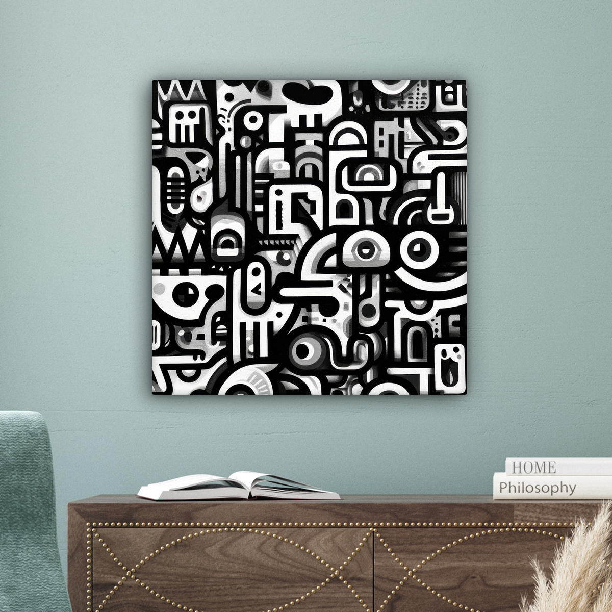 LEINWANDBILD Symbole - Abstrakt - Grafik - Schwarz Wandbild Wohnzimmer 50x50 cm - Schwarz, Textil (50/50cm) - MuchoWow