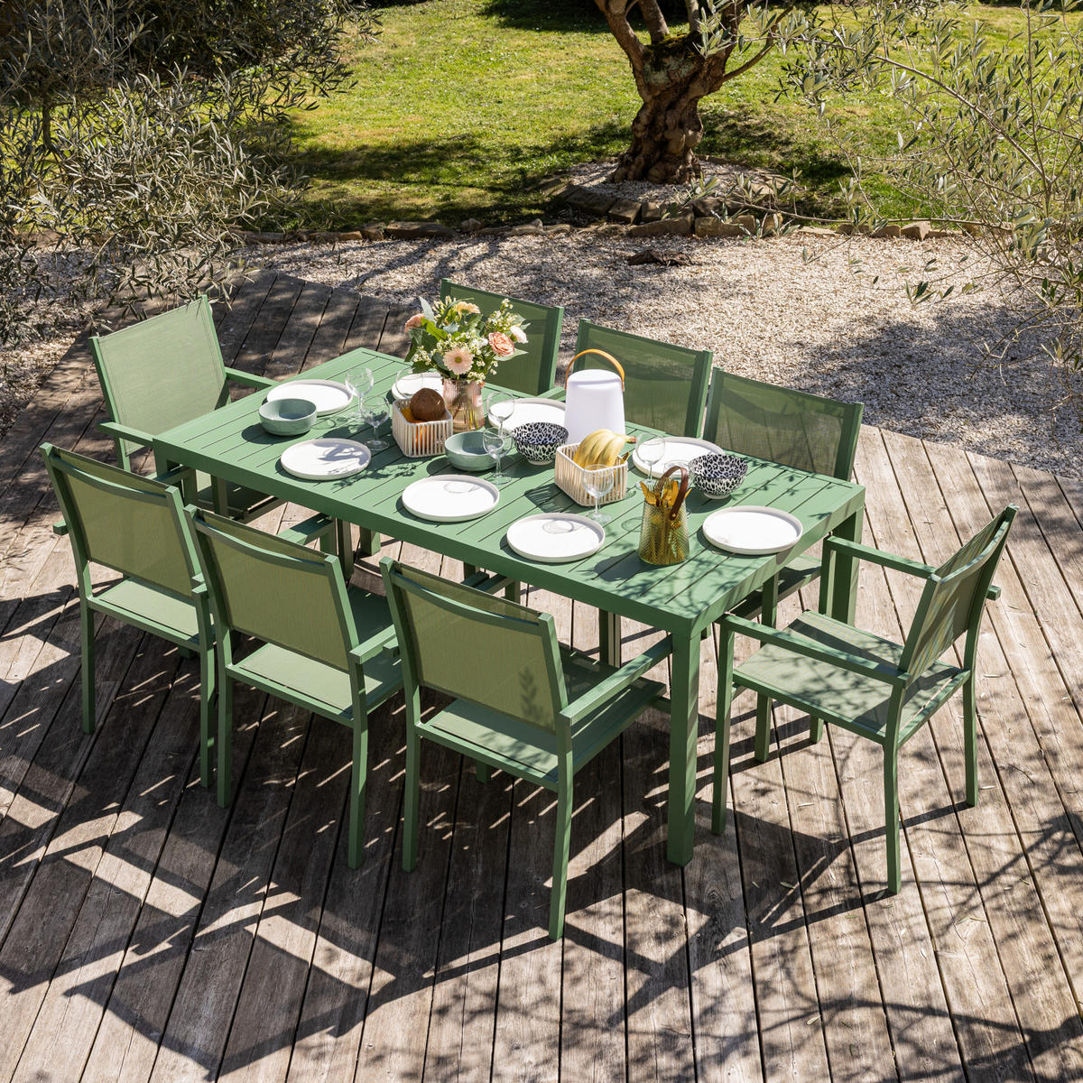 GARTENMÖBEL Bari Salbeigrün 8 Plätze - Grün, Metall - Happy Garden
