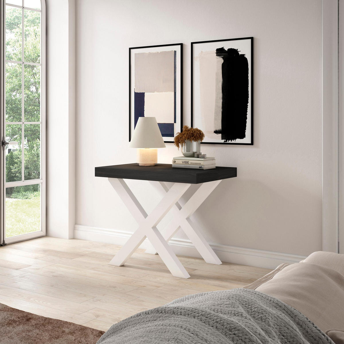 KONSOLENTISCH ausziehbar 58 bis 222cm, für 10 Gäste, schwarz, 90/58/73cm - Schwarz, Holzwerkstoff (90/222/73cm) - Skraut Home