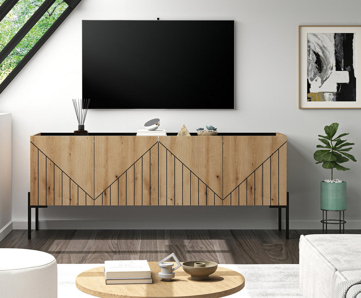 TV-LOWBOARD Evoke Eiche, TV Unterteil 153 cm, mit Soft-Close und Komforthöhe 62 cm - Eichefarben/Schwarz, Holzwerkstoff/Metall (153/62/40cm) - Inn.Furn