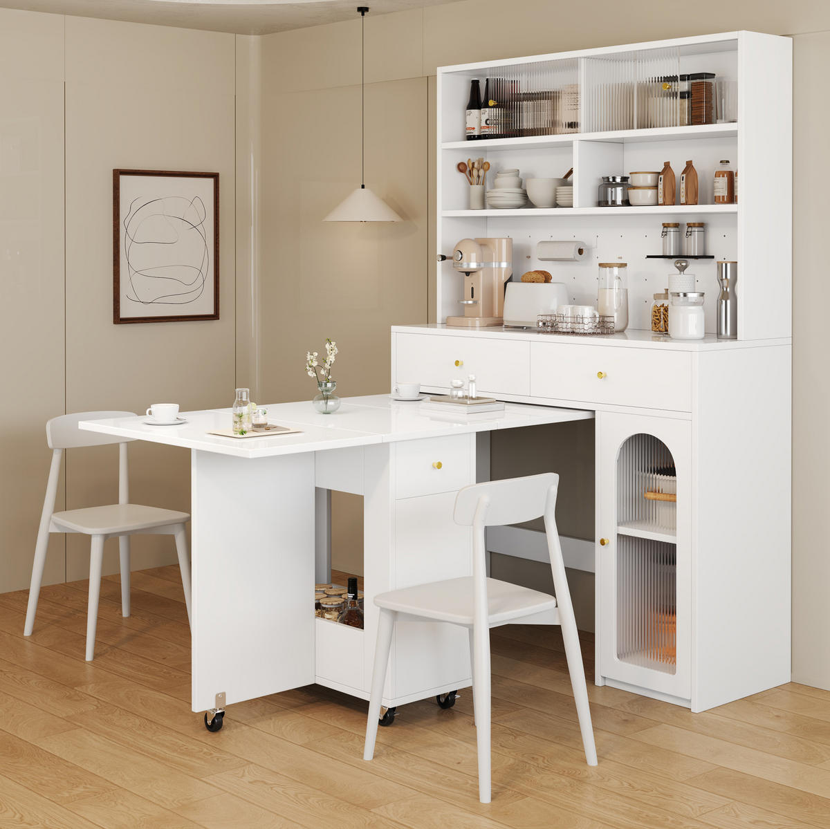 BUFFET-SET 120/45/180 cm weiß aus MDF mit klappbarem Esstisch - Weiß, Holzwerkstoff (120/180/45cm) - OKWISH