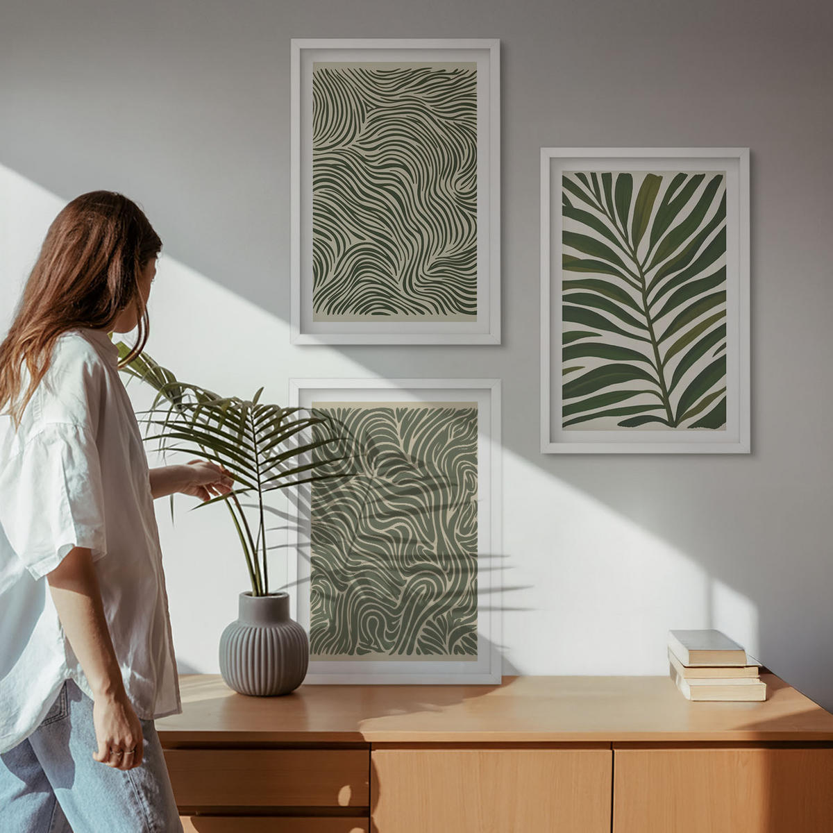 BILDER SET 3er Set - 40x60 cm Weißer Rahmen - Blattmuster wellenförmige Formen - Weiß, Kunststoff (40/60cm) - TULUP