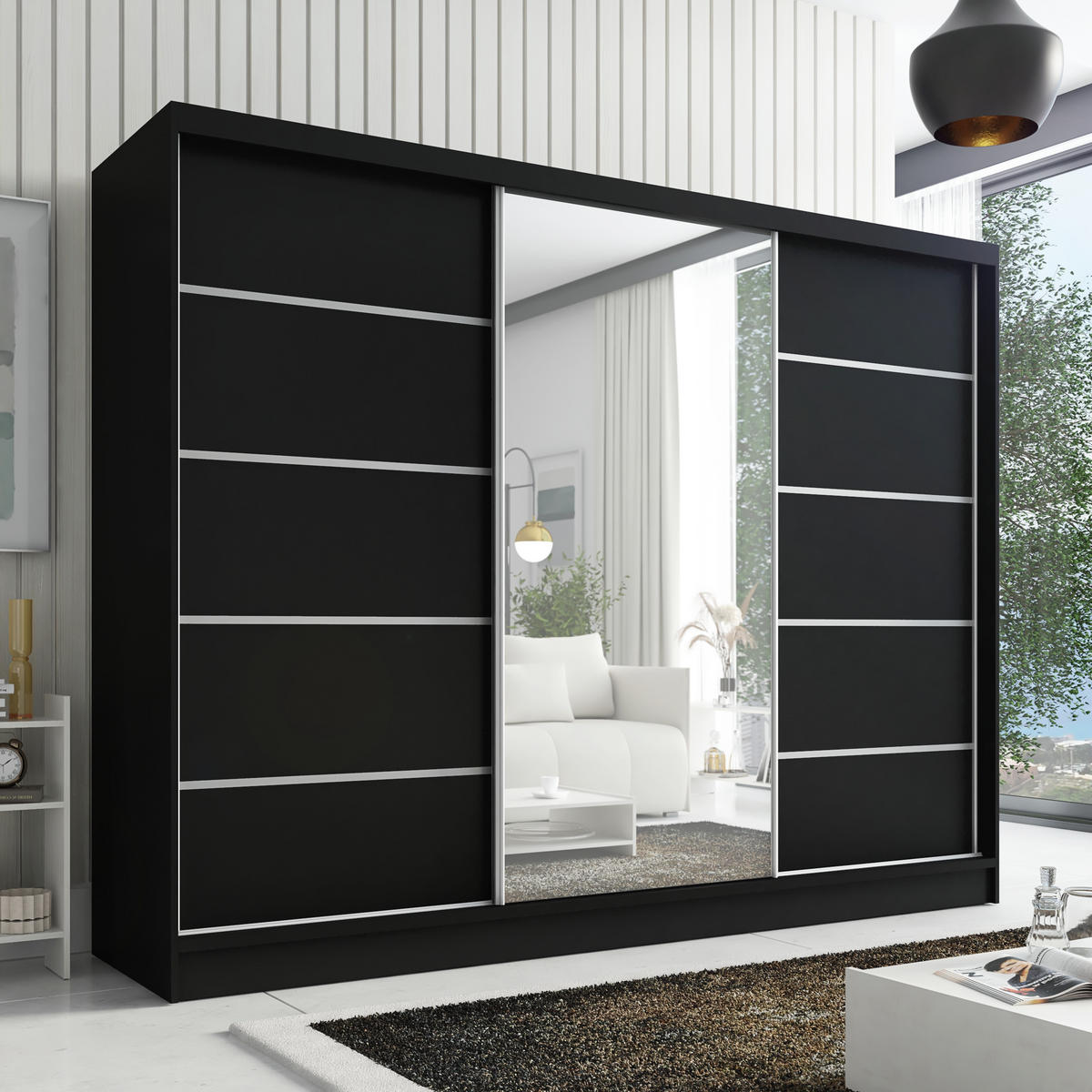 SCHWEBETÜRENSCHRANK 200 cm AURELIA 1 Farbe: Schwarz - Schwarz, Holzwerkstoff (200/215/60cm) - A&J MöbelLand