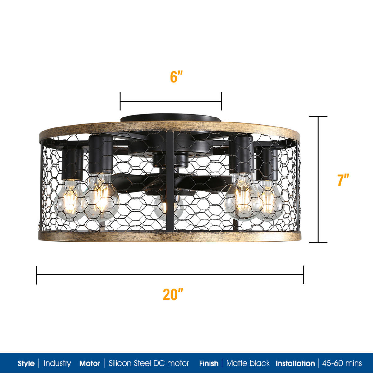 DECKENVENTILATOR DE-16319 20 Zoll Cage-Design reversibel - Schwarz, Kunststoff/Metall (50.8/50.8/18cm) - ComfortXL