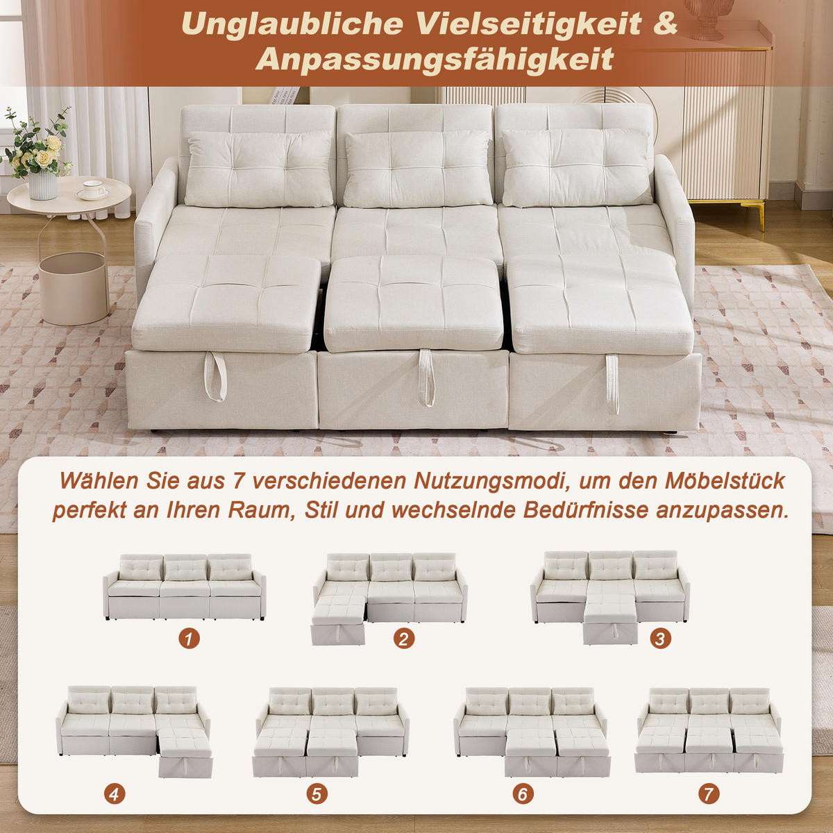 ECKSCHLAFSOFA 3-Sitzer Stoff mit verstellbarer Rückenlehne bis 180 Grad Beige 200/87/84,5 cm - Beige, Textil (87/200cm) - Redom