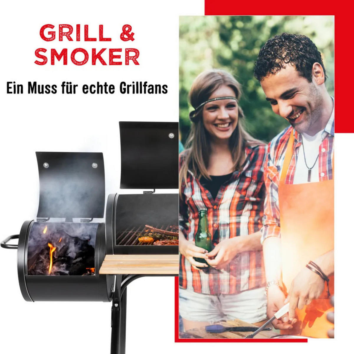 SMOKER Holzkohlegrill 2-in-1 Schwarz, 104x58x114 cm, Grillwagen, BBQ Grill, Räder, Ablagefläche, Grillstation, Outdoor Grill, Barbecue Smoker - Schwarz, Metall (104/114.5/58cm) - BBQ Collection