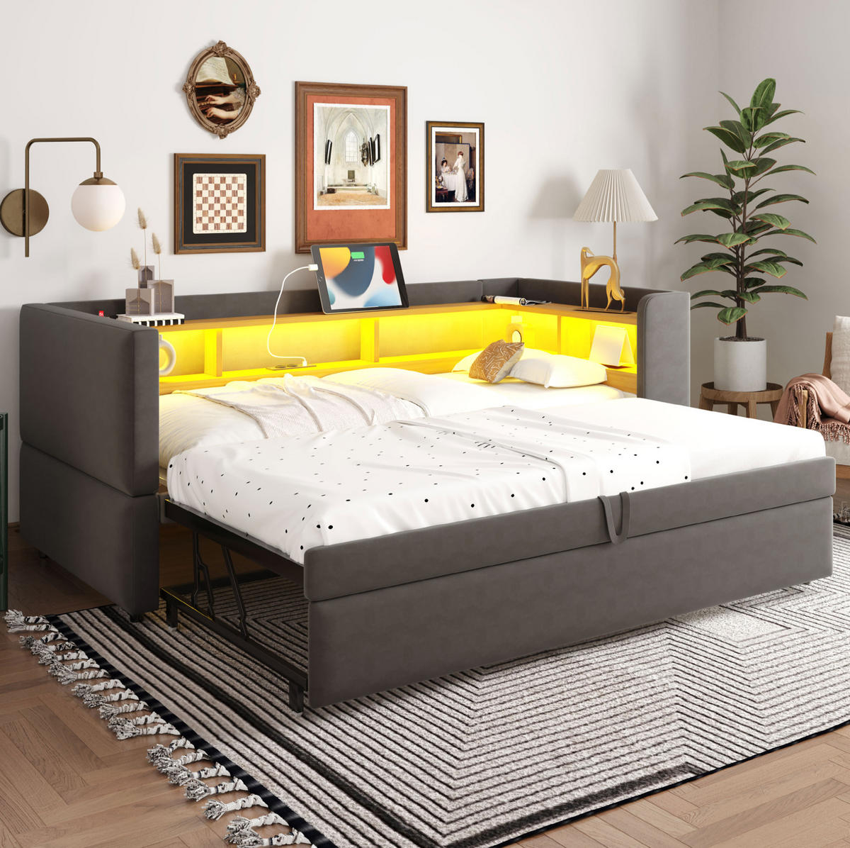 POLSTERBETT mit LED-Beleuchtung 90/190 cm ausziehbar mit Stauraum Dunkelgrau - Dunkelgrau, Textil (90/190cm) - BEAOK