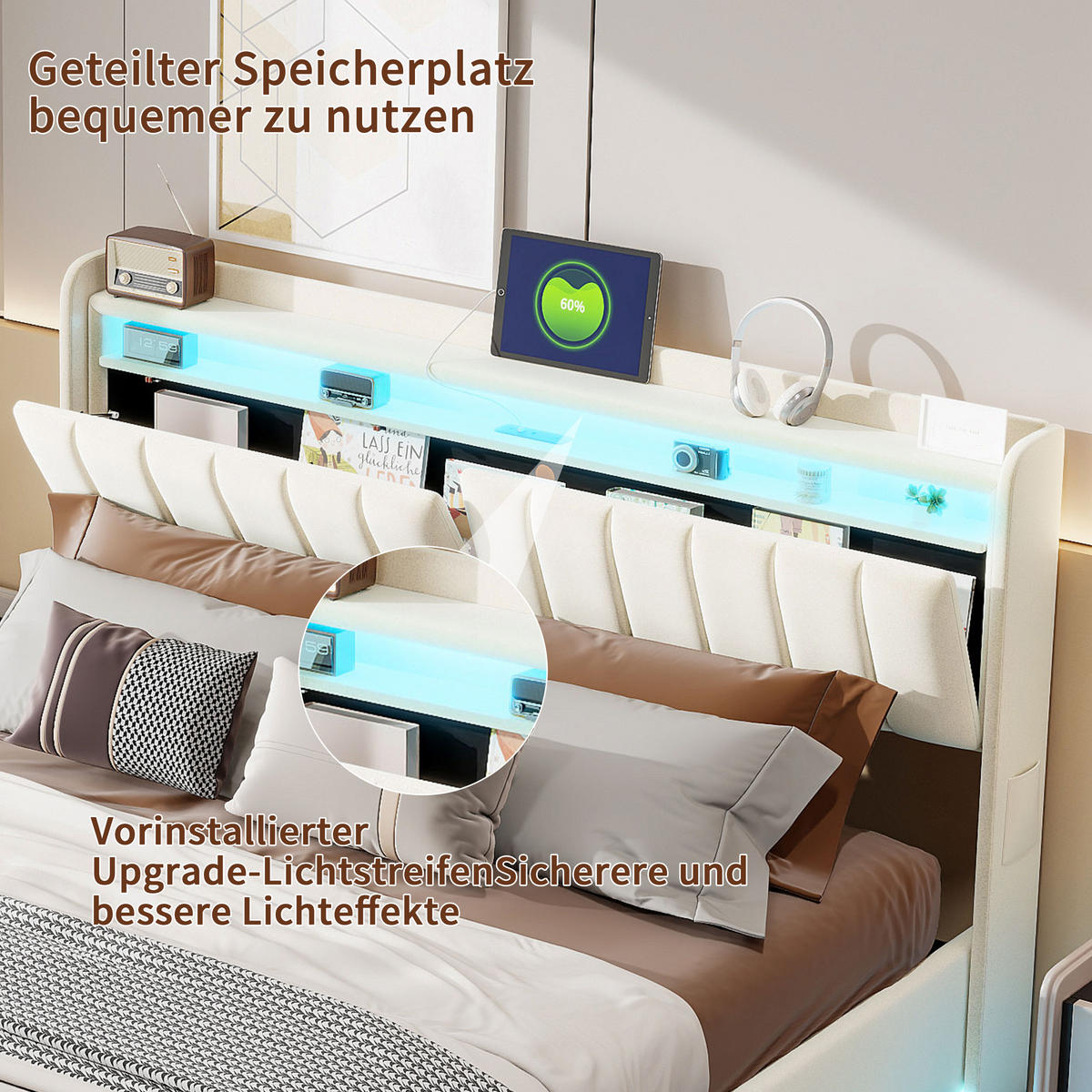POLSTERBETT 160x200 cm mit LED, USB Und Type-C, Doppelbett mit Bettkasten 160x200, Stauraum, Beige Samt - Beige, Textil/Metall (160/200cm) - GENKI LIVING