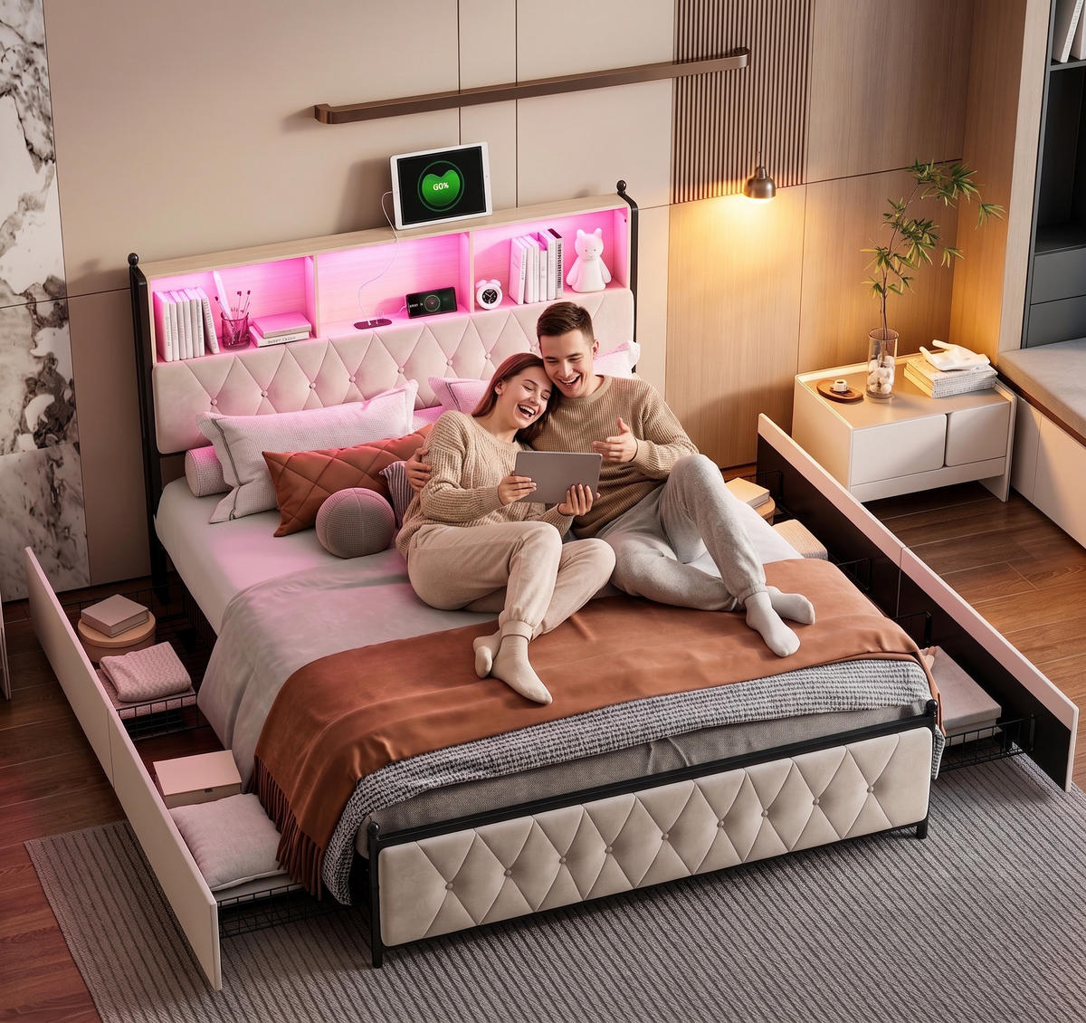 POLSTERBETT 180/200 cm Schubladen USB-Ladestation Samt Doppelbett - Beige, Holz (180/200cm) - PARAFTA HOME