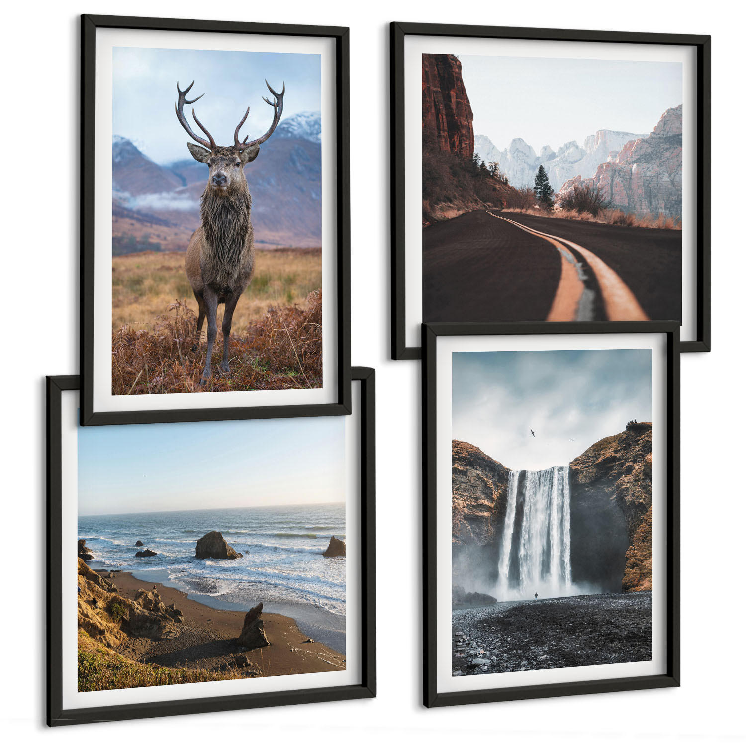 BILDER SET 4er Set - 50x50 cm & 40x60 cm Schwarzer Rahmen - Berglandschaften, Wasserfälle, Hirsche, Strände - Schwarz, Kunststoff (50/50cm) - TULUP